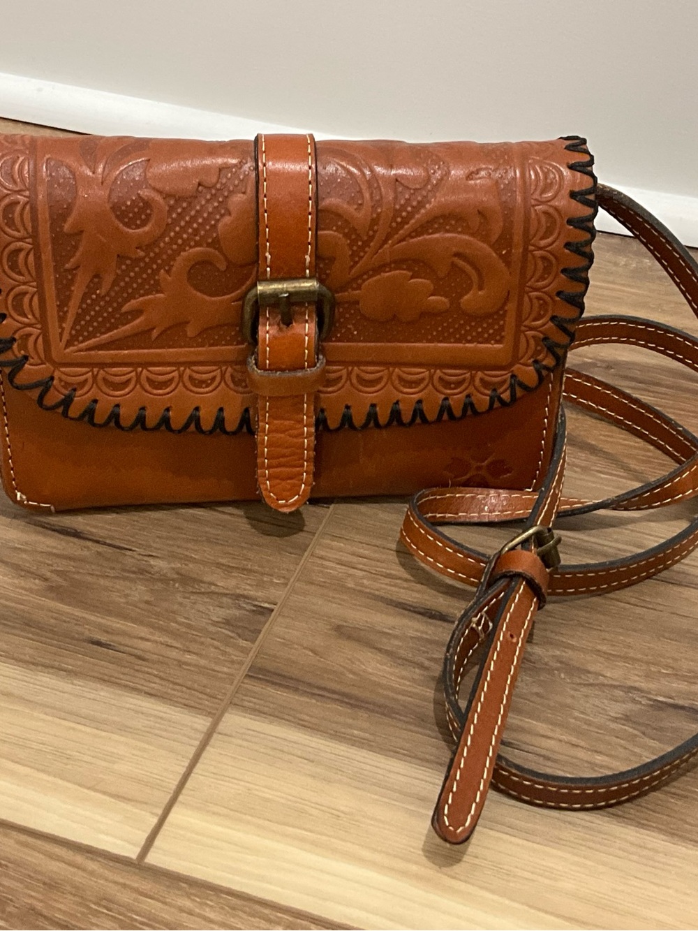 Patricia Nash Tooled Leather Crossbody in Cognac Brown with Contrast Stitching